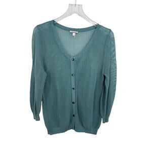 Peruvian Connection cardigan pima cotton M open knit mesh V neck button teal